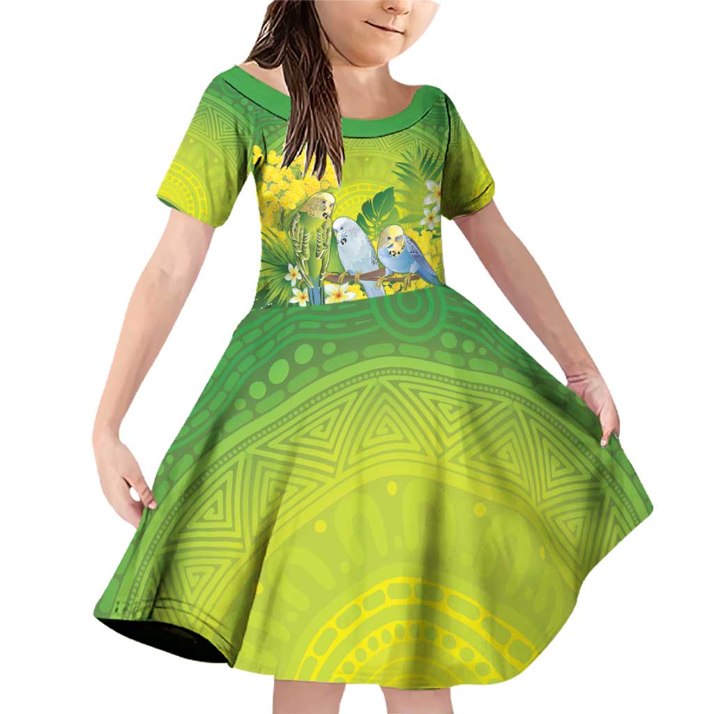 Personalised Budgerigar Australia and Golden Wattle Family Matching Off Shoulder Short Dress and Hawaiian Shirt Budgie Aboriginal Art