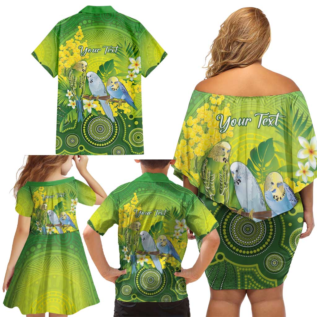 Personalised Budgerigar Australia and Golden Wattle Family Matching Off Shoulder Short Dress and Hawaiian Shirt Budgie Aboriginal Art