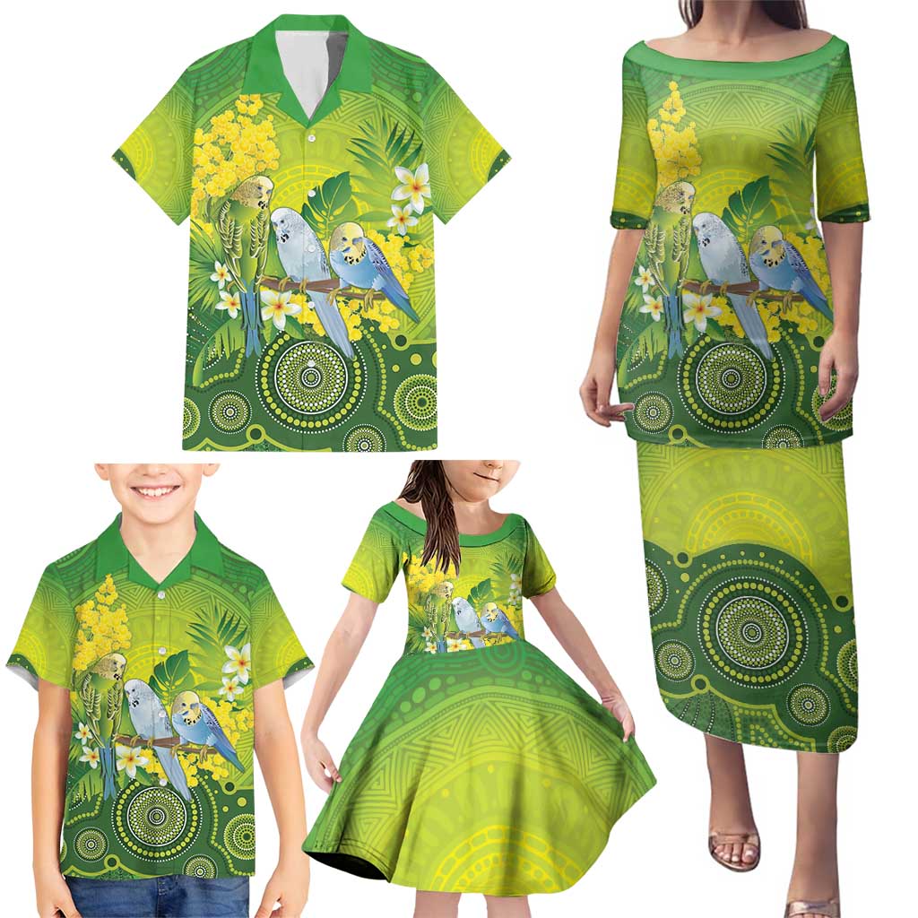 Personalised Budgerigar Australia and Golden Wattle Family Matching Puletasi and Hawaiian Shirt Budgie Aboriginal Art