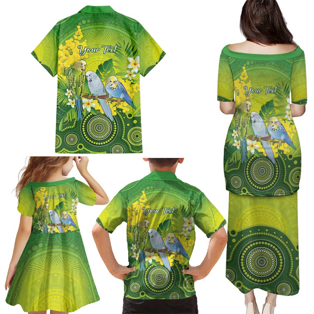 Personalised Budgerigar Australia and Golden Wattle Family Matching Puletasi and Hawaiian Shirt Budgie Aboriginal Art