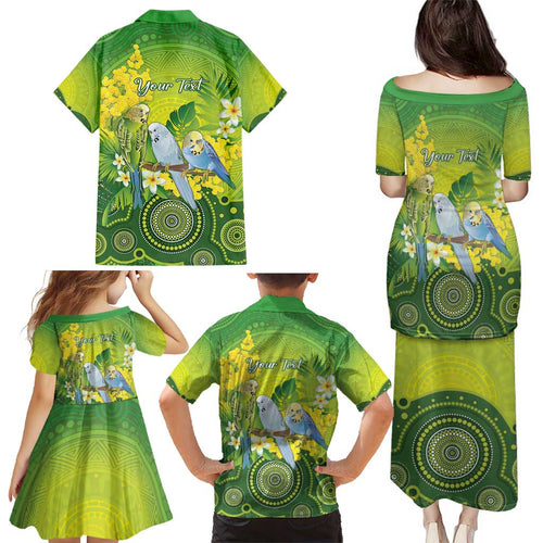 Personalised Budgerigar Australia and Golden Wattle Family Matching Puletasi and Hawaiian Shirt Budgie Aboriginal Art
