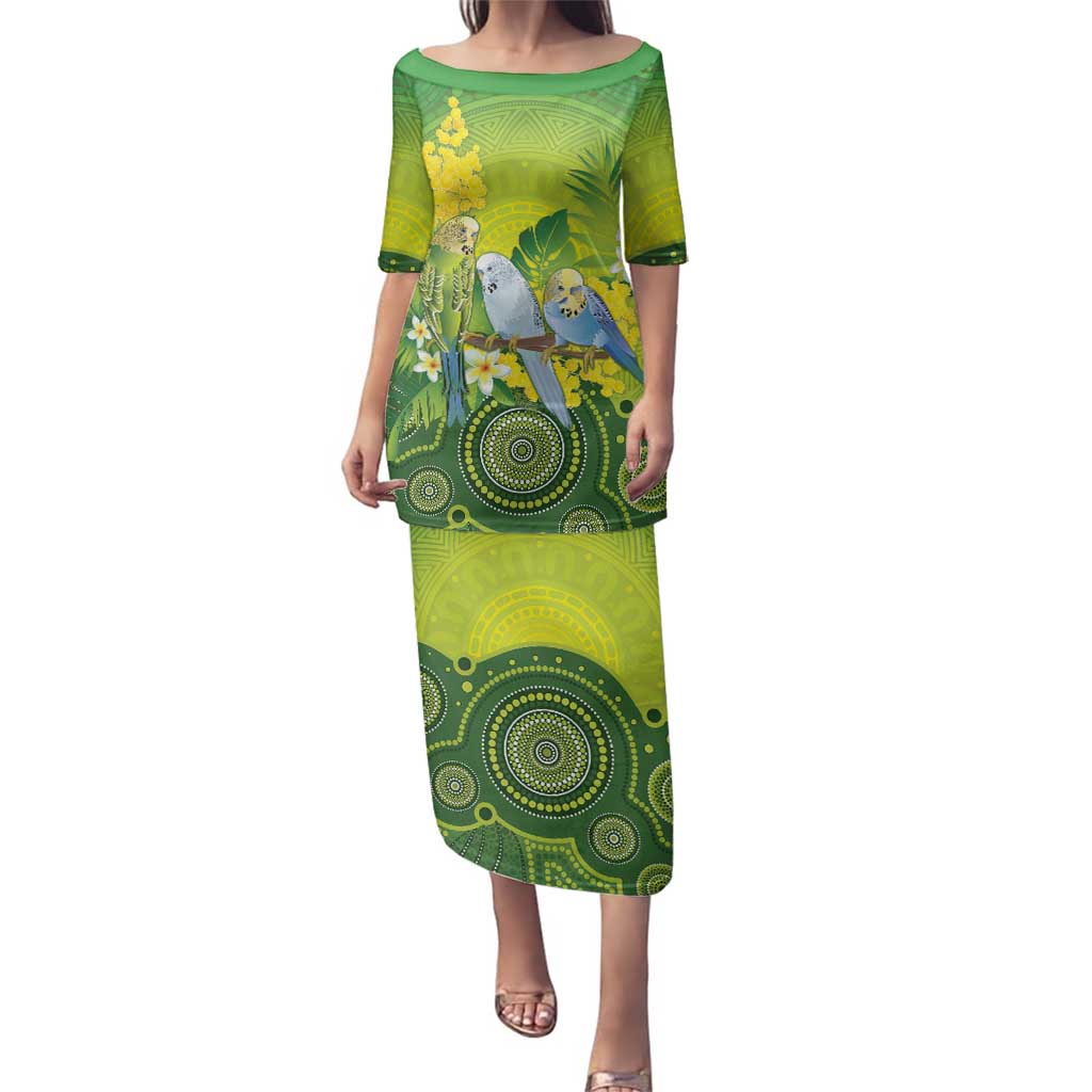 Personalised Budgerigar Australia and Golden Wattle Family Matching Puletasi and Hawaiian Shirt Budgie Aboriginal Art