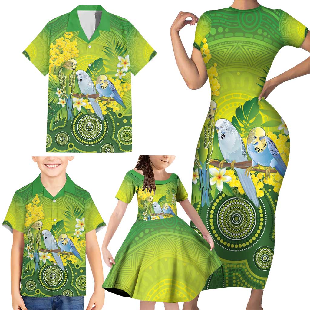 Personalised Budgerigar Australia and Golden Wattle Family Matching Short Sleeve Bodycon Dress and Hawaiian Shirt Budgie Aboriginal Art
