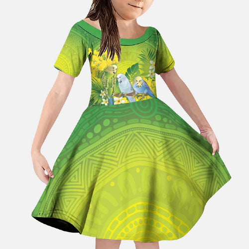 Personalised Budgerigar Australia and Golden Wattle Family Matching Short Sleeve Bodycon Dress and Hawaiian Shirt Budgie Aboriginal Art