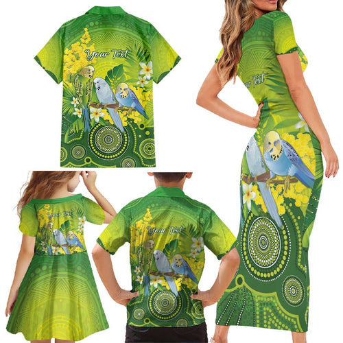 Personalised Budgerigar Australia and Golden Wattle Family Matching Short Sleeve Bodycon Dress and Hawaiian Shirt Budgie Aboriginal Art