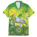 Personalised Budgerigar Australia and Golden Wattle Family Matching Short Sleeve Bodycon Dress and Hawaiian Shirt Budgie Aboriginal Art