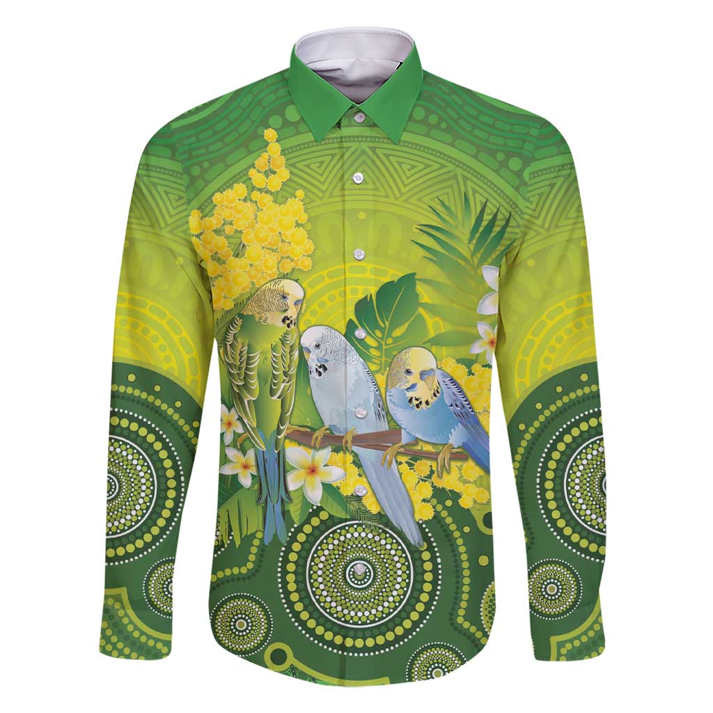 Personalised Budgerigar Australia and Golden Wattle Family Matching Short Sleeve Bodycon Dress and Hawaiian Shirt Budgie Aboriginal Art