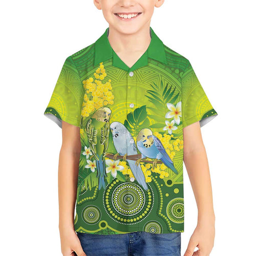 Personalised Budgerigar Australia and Golden Wattle Family Matching Short Sleeve Bodycon Dress and Hawaiian Shirt Budgie Aboriginal Art