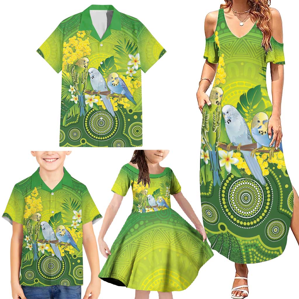 Personalised Budgerigar Australia and Golden Wattle Family Matching Summer Maxi Dress and Hawaiian Shirt Budgie Aboriginal Art