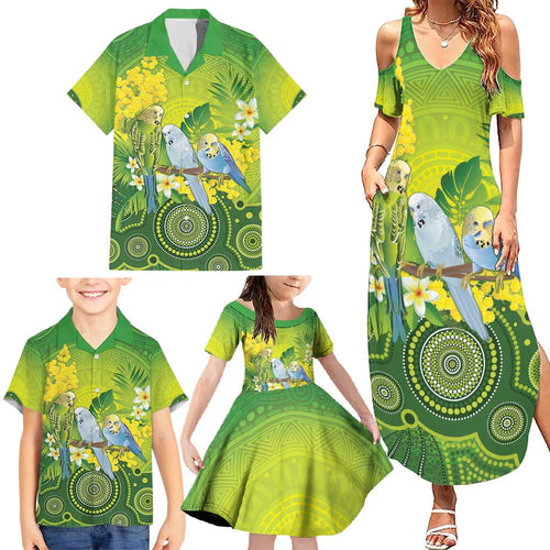 Personalised Budgerigar Australia and Golden Wattle Family Matching Summer Maxi Dress and Hawaiian Shirt Budgie Aboriginal Art