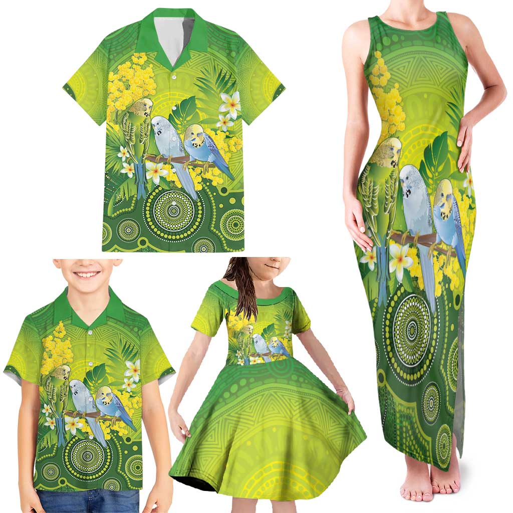Personalised Budgerigar Australia and Golden Wattle Family Matching Tank Maxi Dress and Hawaiian Shirt Budgie Aboriginal Art