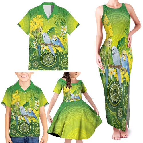 Personalised Budgerigar Australia and Golden Wattle Family Matching Tank Maxi Dress and Hawaiian Shirt Budgie Aboriginal Art