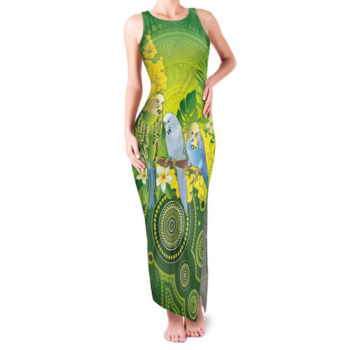 Personalised Budgerigar Australia and Golden Wattle Family Matching Tank Maxi Dress and Hawaiian Shirt Budgie Aboriginal Art