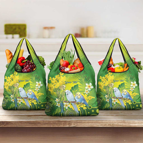 Personalised Budgerigar Australia and Golden Wattle Grocery Bag Budgie Aboriginal Art
