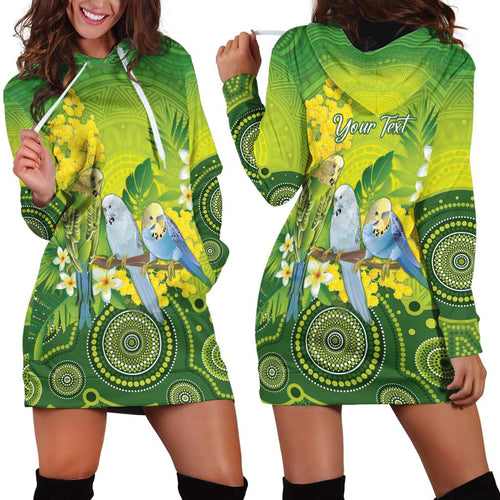Personalised Budgerigar Australia and Golden Wattle Hoodie Dress Budgie Aboriginal Art