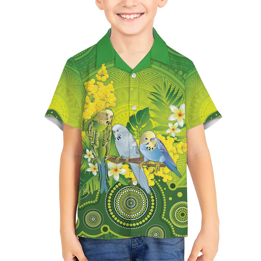 Personalised Budgerigar Australia and Golden Wattle Kid Hawaiian Shirt Budgie Aboriginal Art