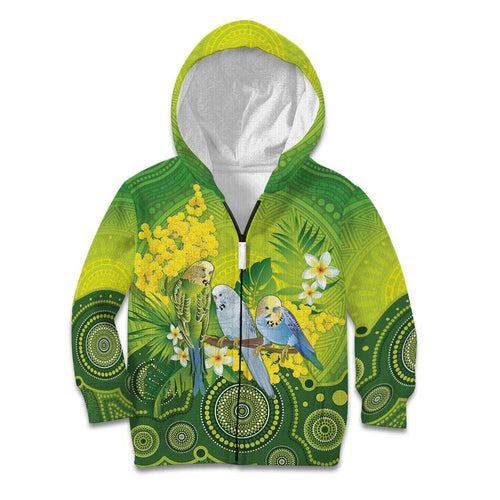 Personalised Budgerigar Australia and Golden Wattle Kid Hoodie Budgie Aboriginal Art