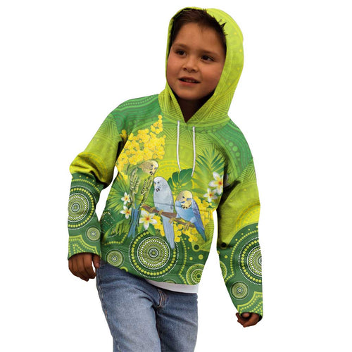 Personalised Budgerigar Australia and Golden Wattle Kid Hoodie Budgie Aboriginal Art