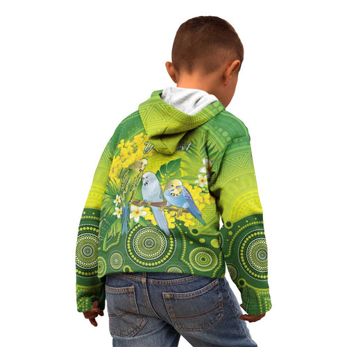 Personalised Budgerigar Australia and Golden Wattle Kid Hoodie Budgie Aboriginal Art