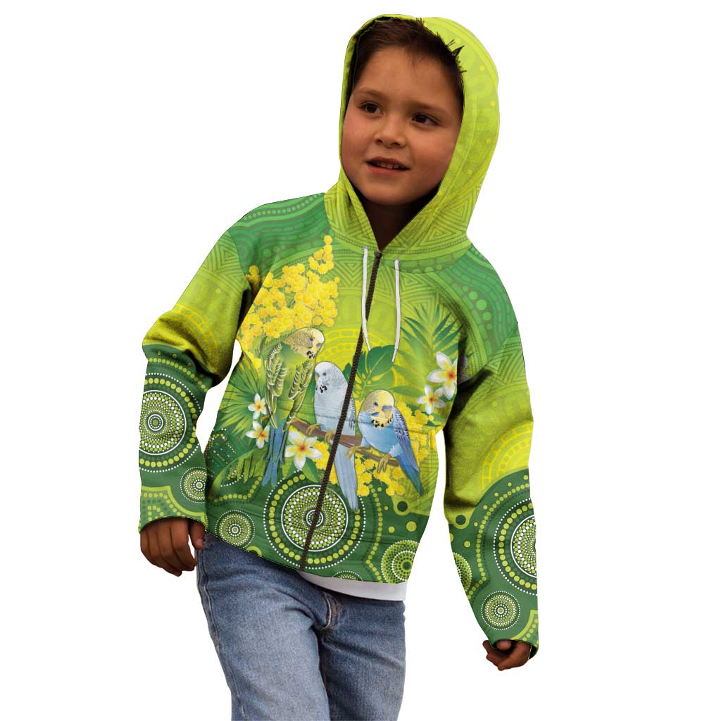 Personalised Budgerigar Australia and Golden Wattle Kid Hoodie Budgie Aboriginal Art
