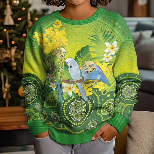 Personalised Budgerigar Australia and Golden Wattle Kid Ugly Christmas Sweater Budgie Aboriginal Art - Aussie Hoodie