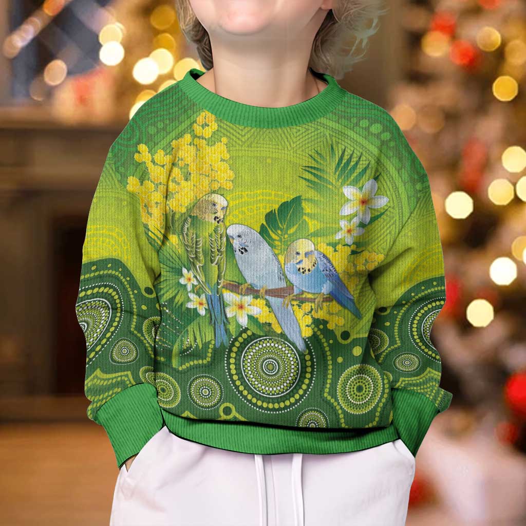 Personalised Budgerigar Australia and Golden Wattle Kid Ugly Christmas Sweater Budgie Aboriginal Art - Aussie Hoodie