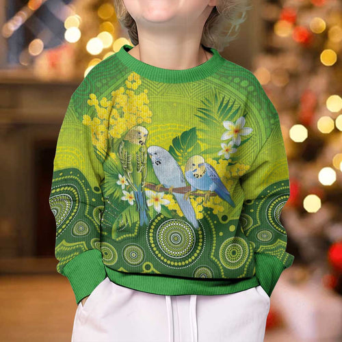 Personalised Budgerigar Australia and Golden Wattle Kid Ugly Christmas Sweater Budgie Aboriginal Art - Aussie Hoodie