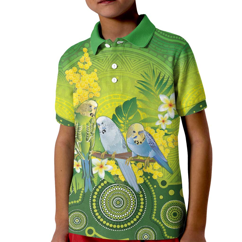 Personalised Budgerigar Australia and Golden Wattle Kid Polo Shirt Budgie Aboriginal Art