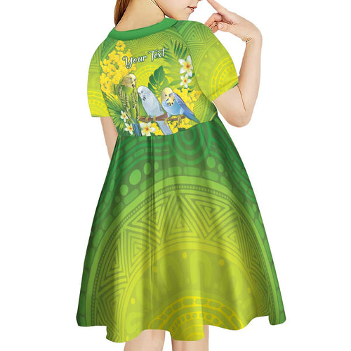 Personalised Budgerigar Australia and Golden Wattle Kid Short Sleeve Dress Budgie Aboriginal Art