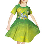 Personalised Budgerigar Australia and Golden Wattle Kid Short Sleeve Dress Budgie Aboriginal Art