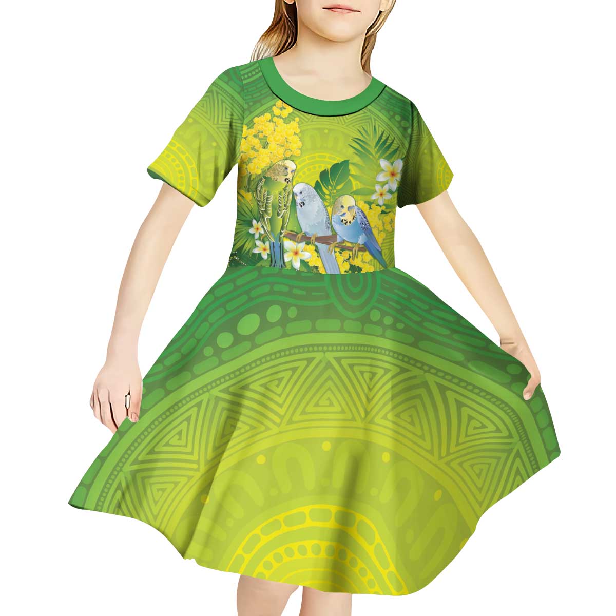 Personalised Budgerigar Australia and Golden Wattle Kid Short Sleeve Dress Budgie Aboriginal Art