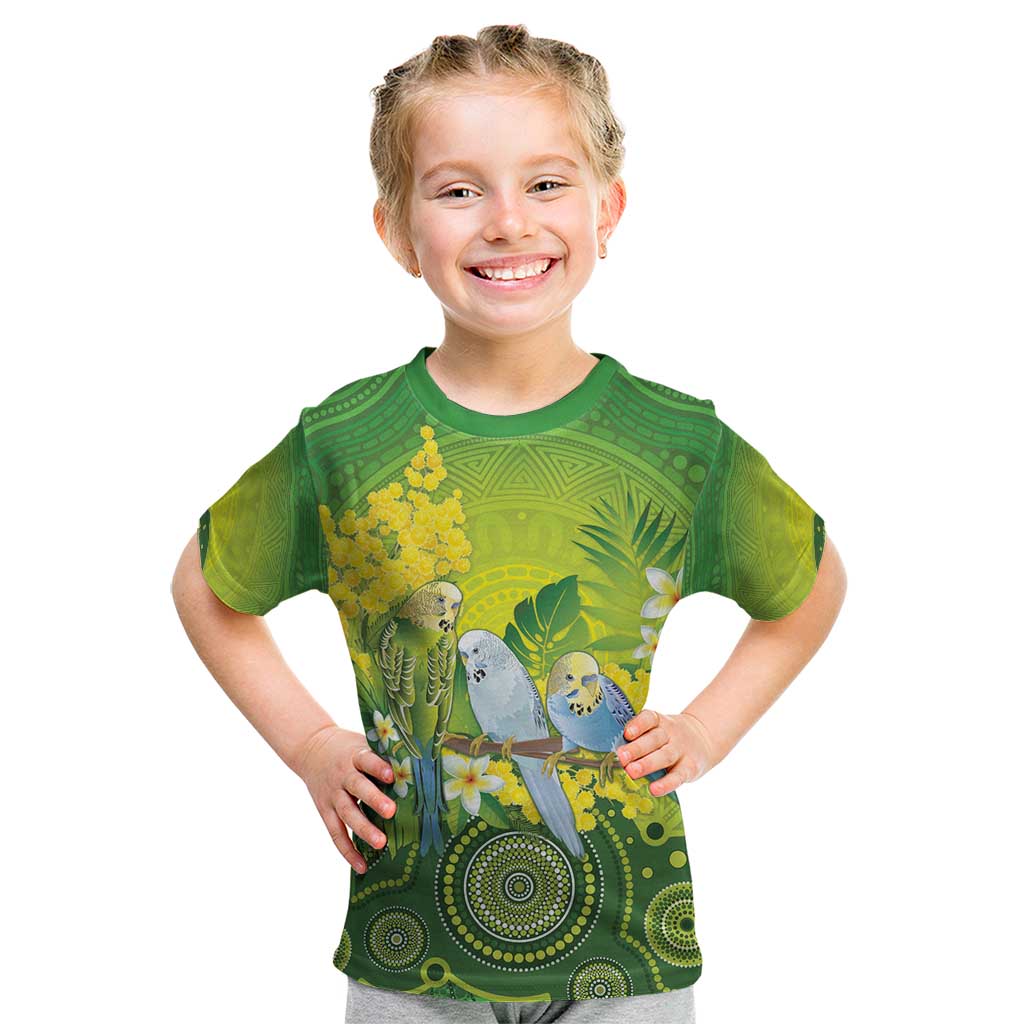 Personalised Budgerigar Australia and Golden Wattle Kid T Shirt Budgie Aboriginal Art