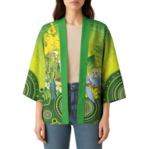 Personalised Budgerigar Australia and Golden Wattle Kimono Budgie Aboriginal Art - Aussie Hoodie