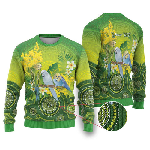 Personalised Budgerigar Australia and Golden Wattle Ugly Christmas Sweater Budgie Aboriginal Art - Aussie Hoodie