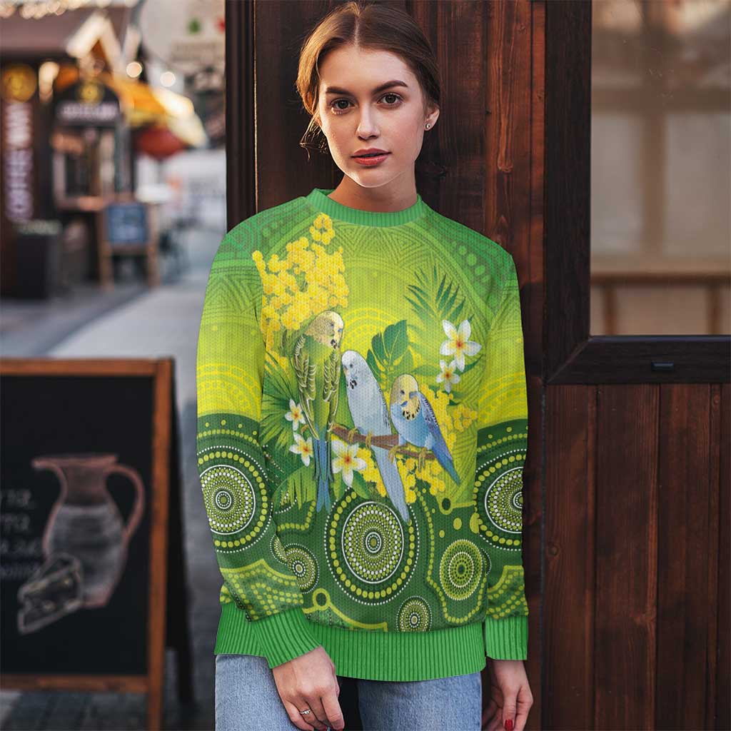 Personalised Budgerigar Australia and Golden Wattle Ugly Christmas Sweater Budgie Aboriginal Art - Aussie Hoodie