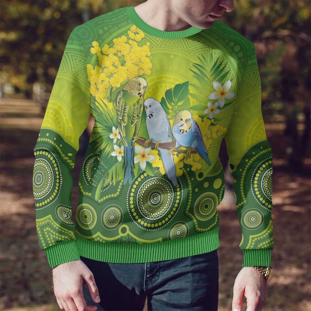 Personalised Budgerigar Australia and Golden Wattle Ugly Christmas Sweater Budgie Aboriginal Art - Aussie Hoodie