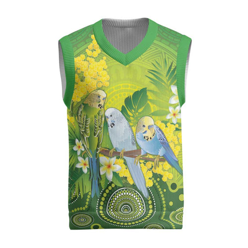 Personalised Budgerigar Australia and Golden Wattle Christmas Knitted V-Neck Vest Budgie Aboriginal Art - Aussie Hoodie