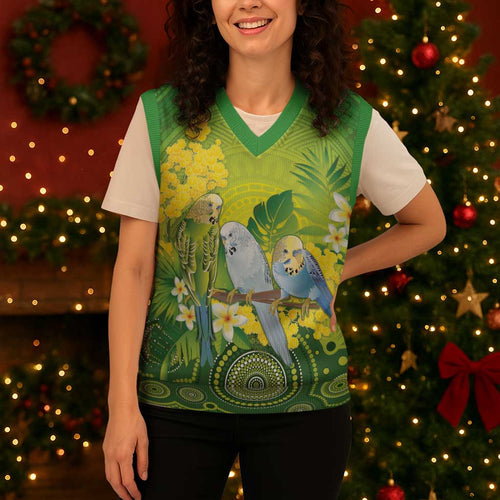 Personalised Budgerigar Australia and Golden Wattle Christmas Knitted V-Neck Vest Budgie Aboriginal Art - Aussie Hoodie