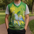 Personalised Budgerigar Australia and Golden Wattle Christmas Knitted V-Neck Vest Budgie Aboriginal Art - Aussie Hoodie