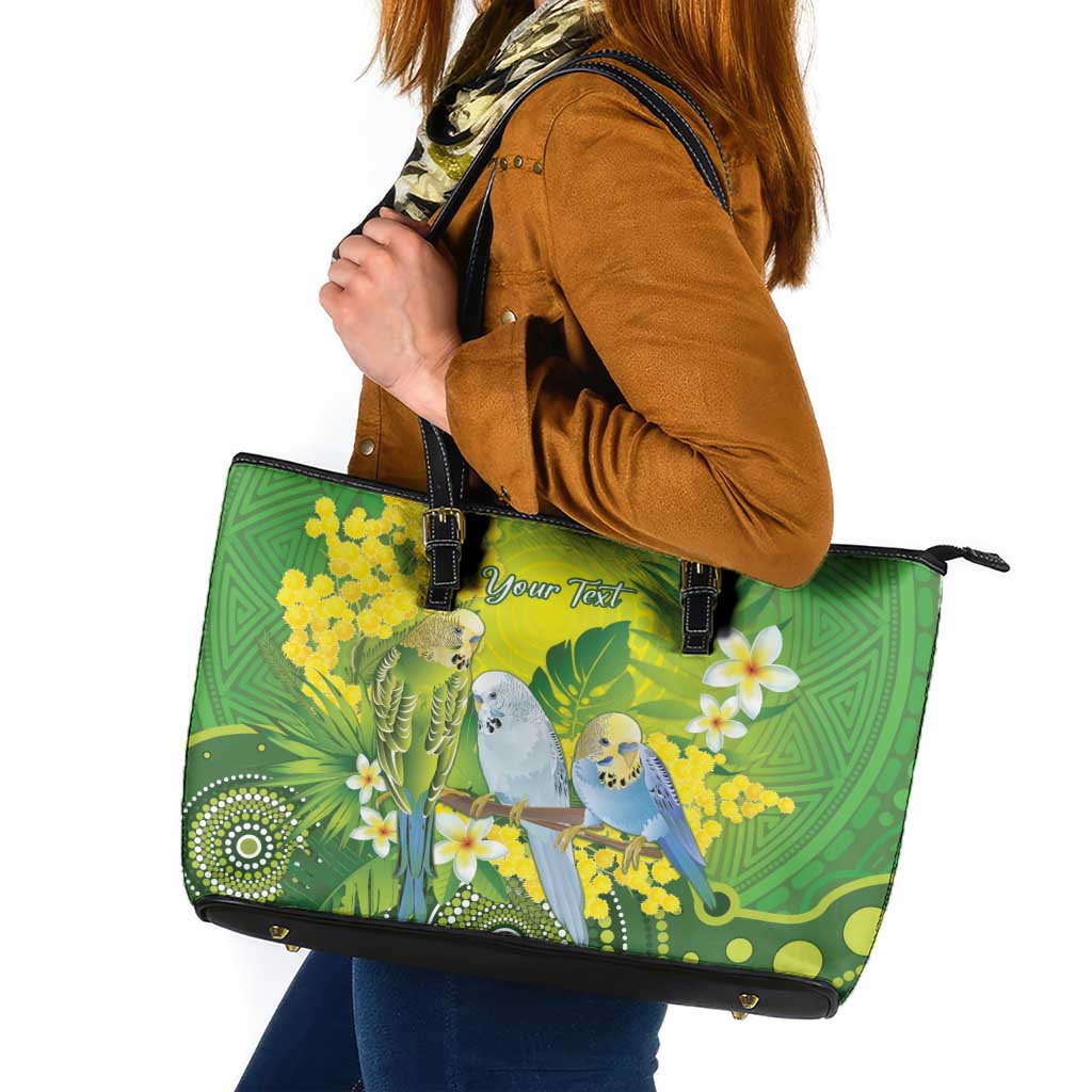 Personalised Budgerigar Australia and Golden Wattle Leather Tote Bag Budgie Aboriginal Art