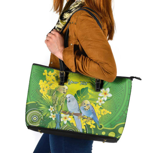 Personalised Budgerigar Australia and Golden Wattle Leather Tote Bag Budgie Aboriginal Art
