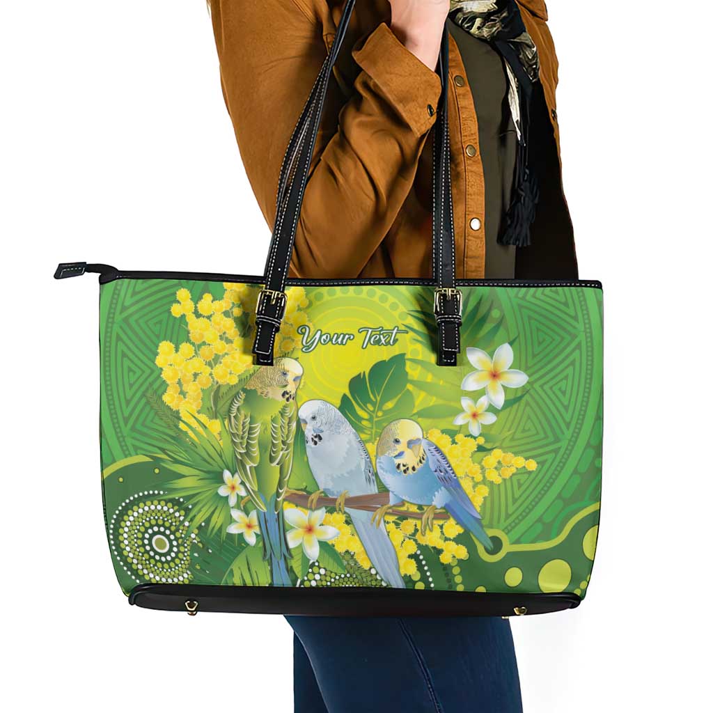 Personalised Budgerigar Australia and Golden Wattle Leather Tote Bag Budgie Aboriginal Art