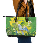 Personalised Budgerigar Australia and Golden Wattle Leather Tote Bag Budgie Aboriginal Art