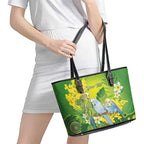 Personalised Budgerigar Australia and Golden Wattle Leather Tote Bag Budgie Aboriginal Art