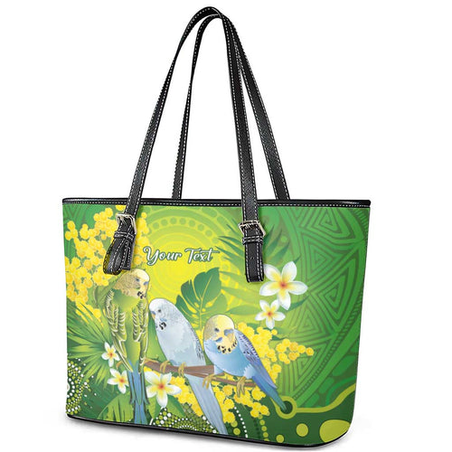 Personalised Budgerigar Australia and Golden Wattle Leather Tote Bag Budgie Aboriginal Art