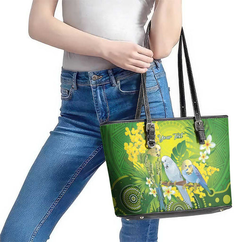 Personalised Budgerigar Australia and Golden Wattle Leather Tote Bag Budgie Aboriginal Art