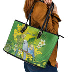 Personalised Budgerigar Australia and Golden Wattle Leather Tote Bag Budgie Aboriginal Art