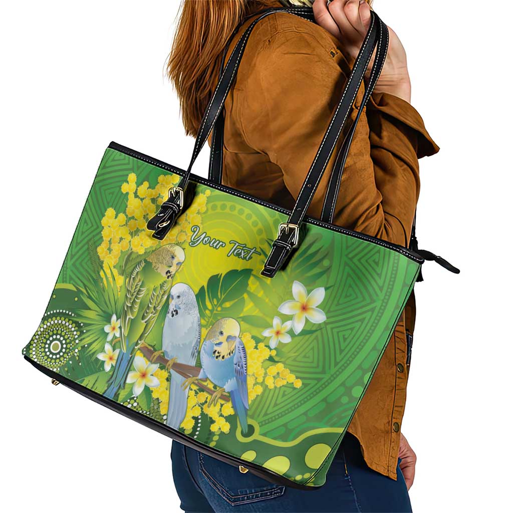 Personalised Budgerigar Australia and Golden Wattle Leather Tote Bag Budgie Aboriginal Art