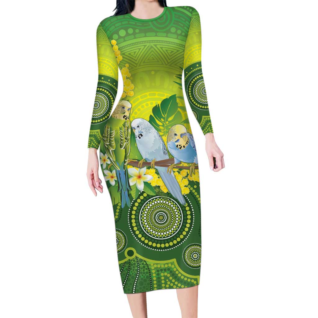 Personalised Budgerigar Australia and Golden Wattle Long Sleeve Bodycon Dress Budgie Aboriginal Art