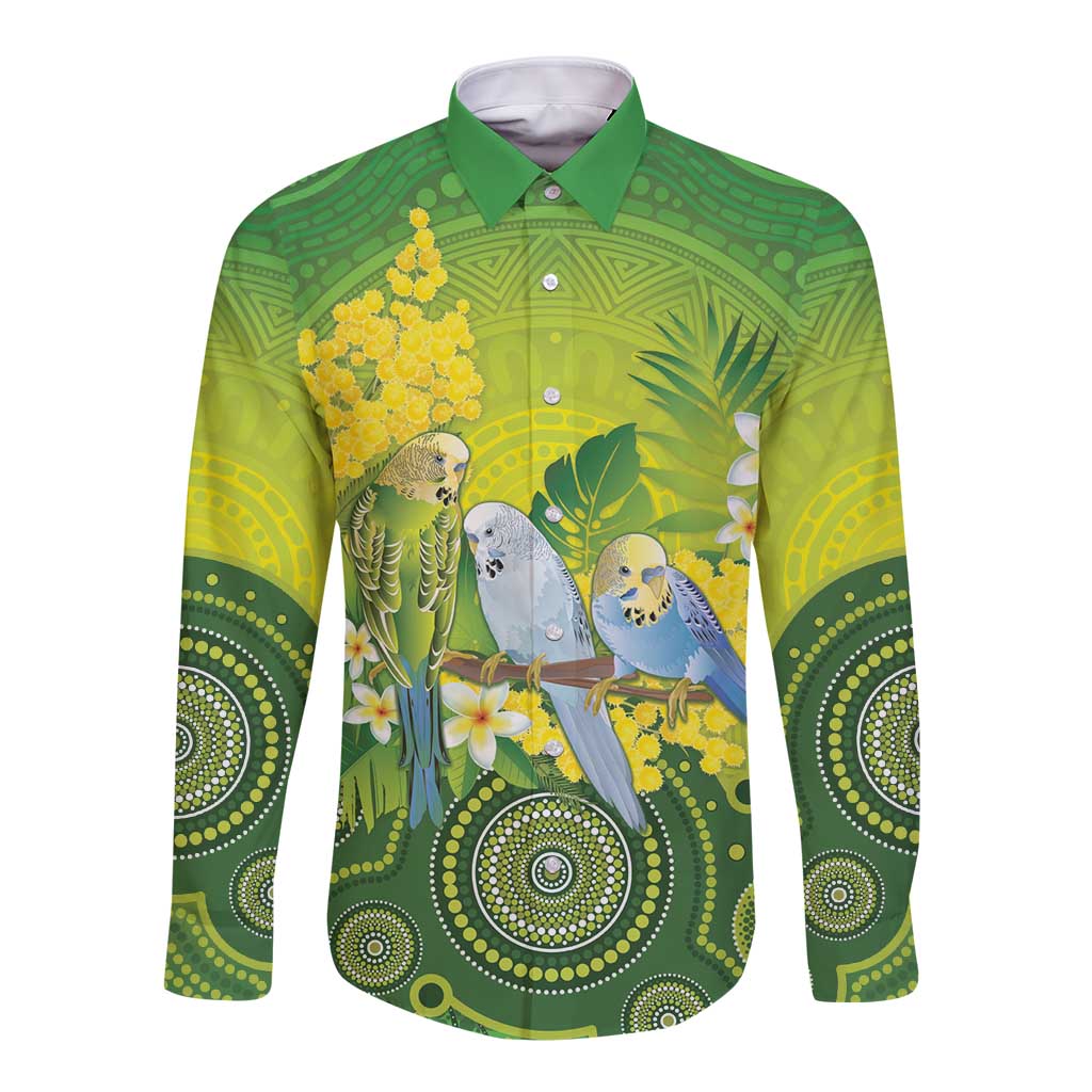Personalised Budgerigar Australia and Golden Wattle Long Sleeve Button Shirt Budgie Aboriginal Art